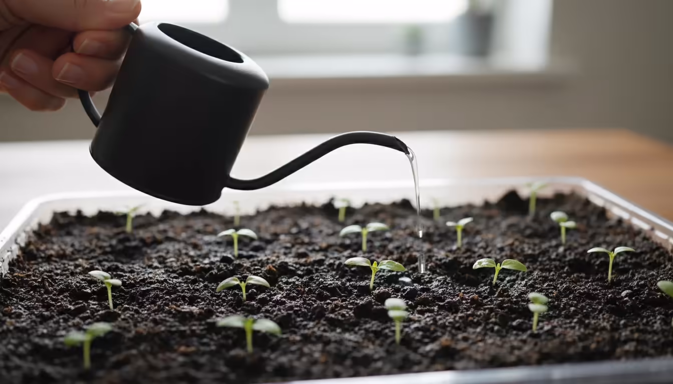 Close-up of hands carefully watering tiny green seedlings in a seed-starting tray with a small, fine-spouted watering can, showing evenly moist soil.