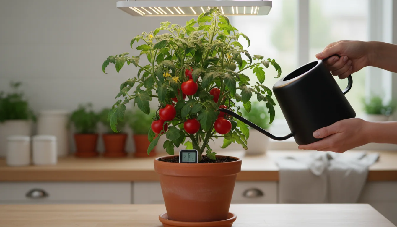 Hands gently watering a vibrant, healthy indoor tomato plant in a terracotta pot under a modern LED grow light. A soil meter is in the pot.