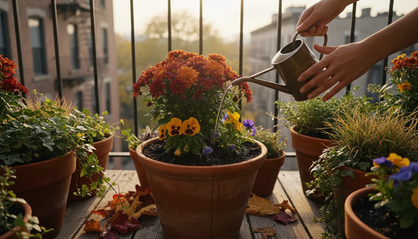 Hands watering a vibrant potted plant and clearing autumn leaves from another pot on an urban balcony.