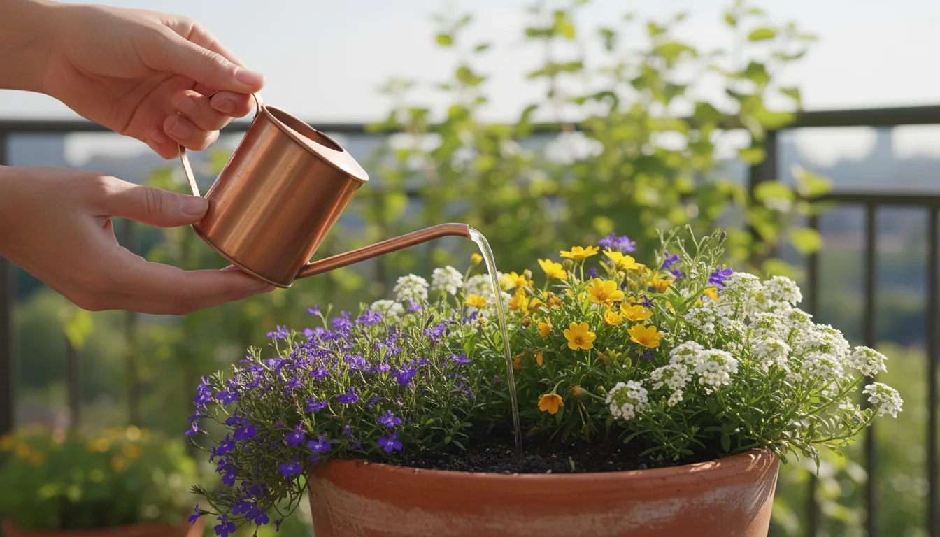 Close-up of hands watering a vibrant terracotta pot filled with spring flowers on a sunlit balcony with a small copper watering can.