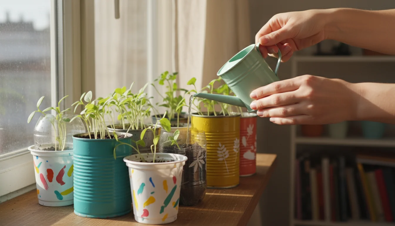 Hands watering young vegetable seedlings in a variety of repurposed containers (yogurt cups, plastic bottles, tin cans) on a sunny windowsill.