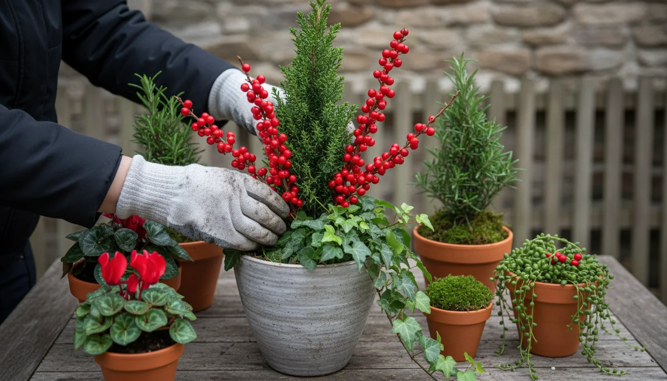 Hands wearing gardening gloves arrange a winterberry branch and other holiday plants into a ceramic pot on a wooden balcony deck.