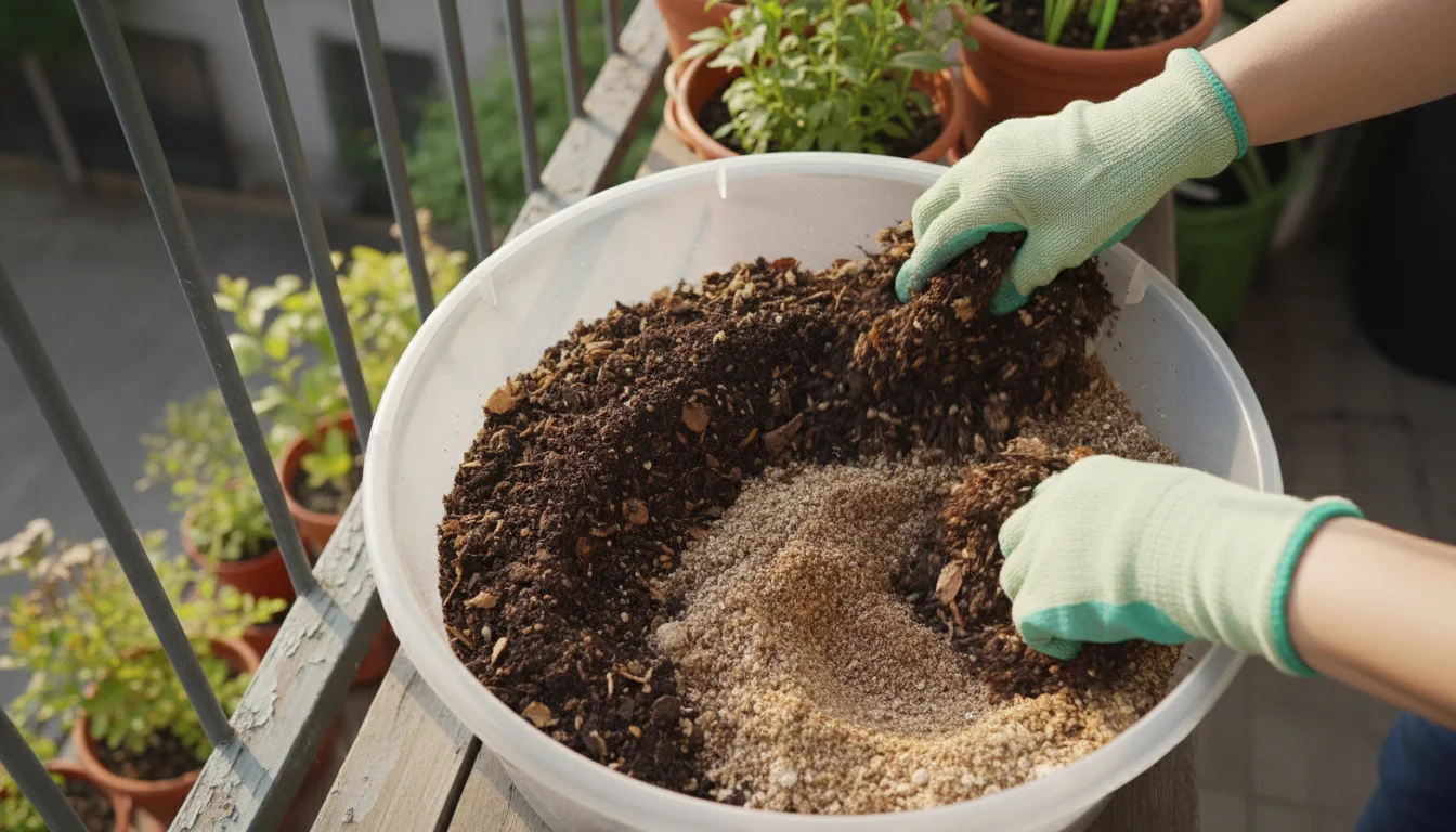 Hands, wearing gardening gloves, mixing dark, earthy compost into lighter potting soil within a wide plastic tub. A blurred balcony railing is in the 