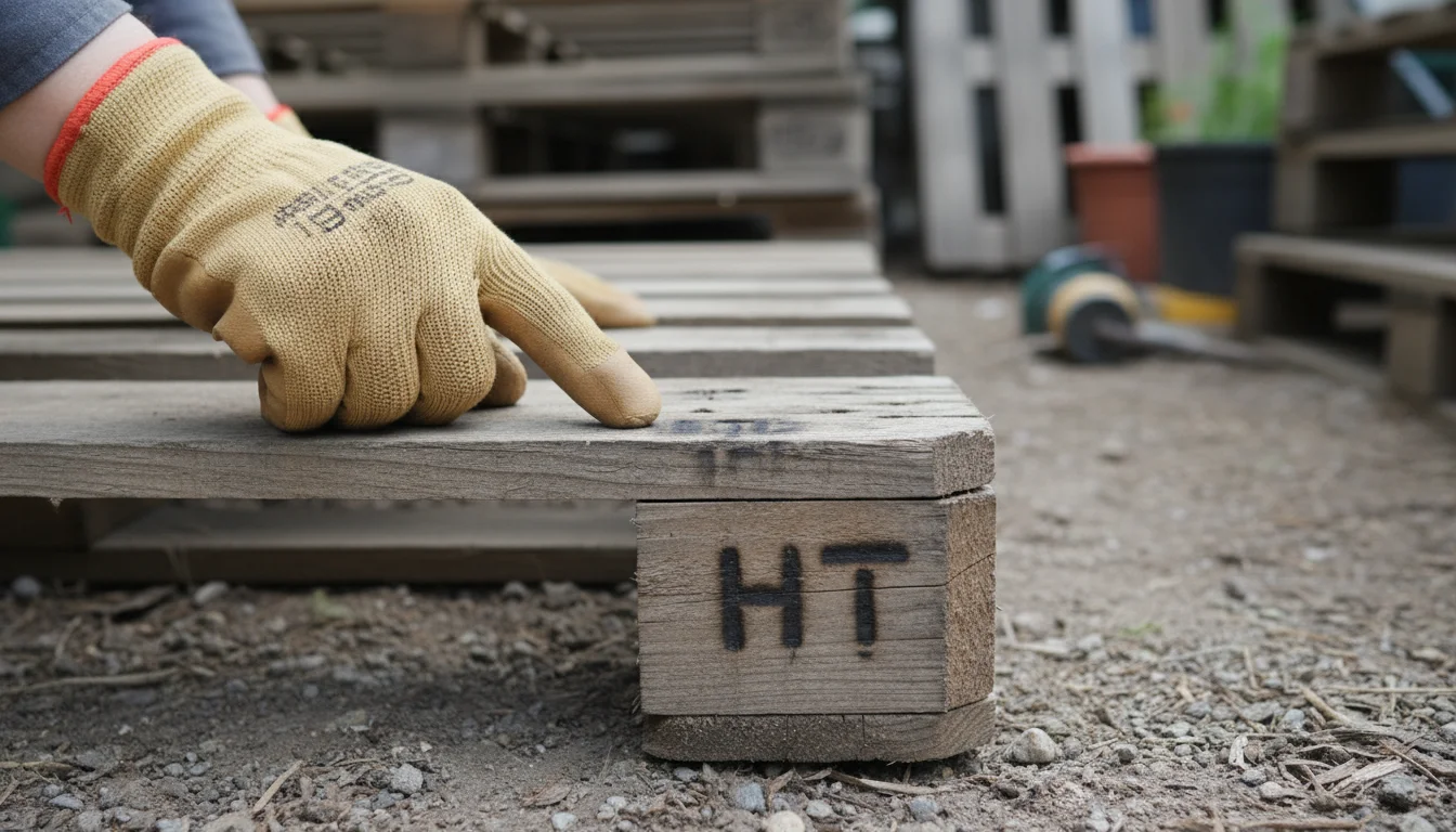 Close-up of hands wearing gardening gloves, pointing to an 'HT' (Heat Treated) stamp on a raw, weathered wooden pallet.