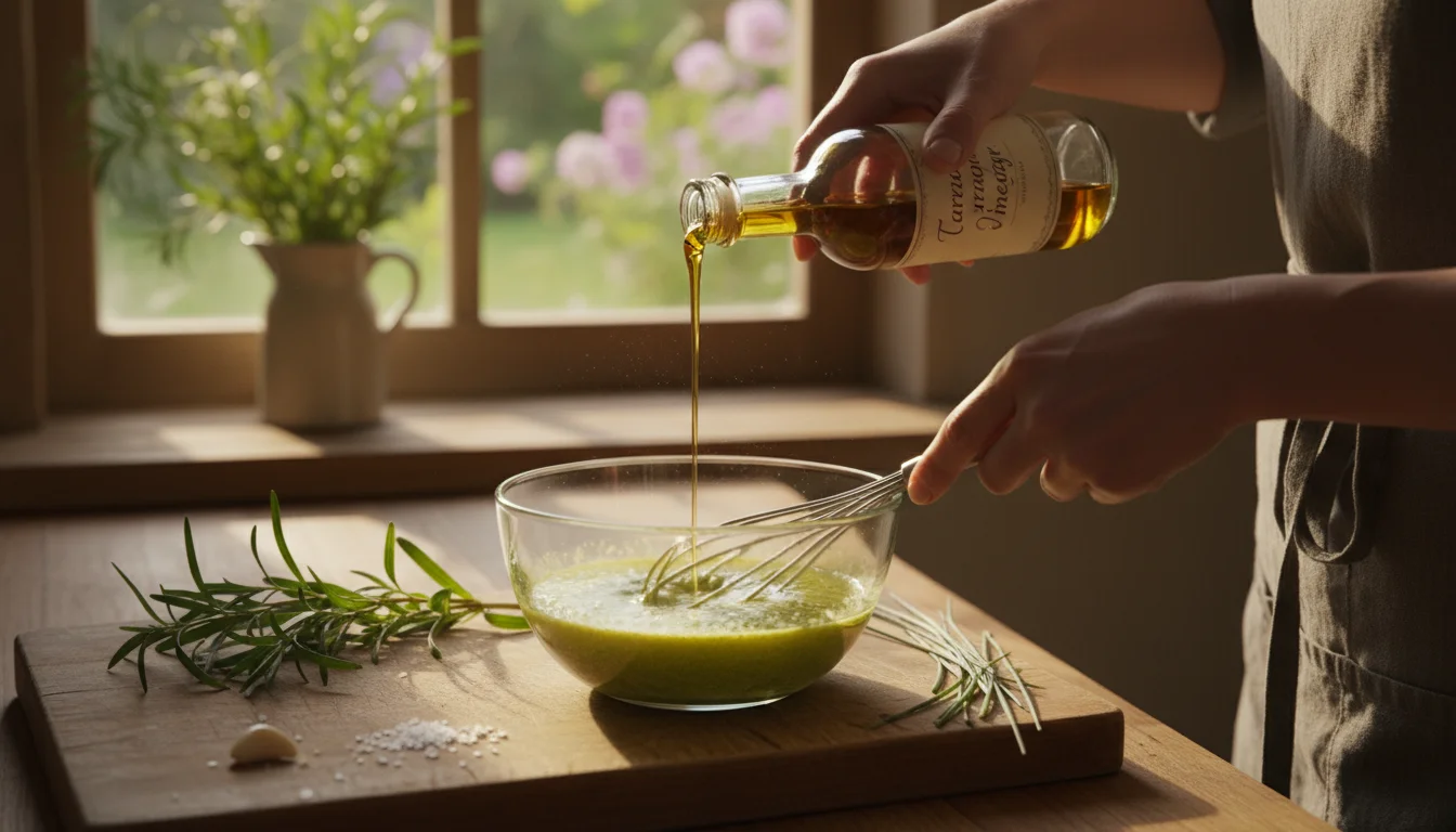 Hands whisking a vinaigrette in a glass bowl, pouring homemade tarragon vinegar. Fresh tarragon and chives are on a cutting board.