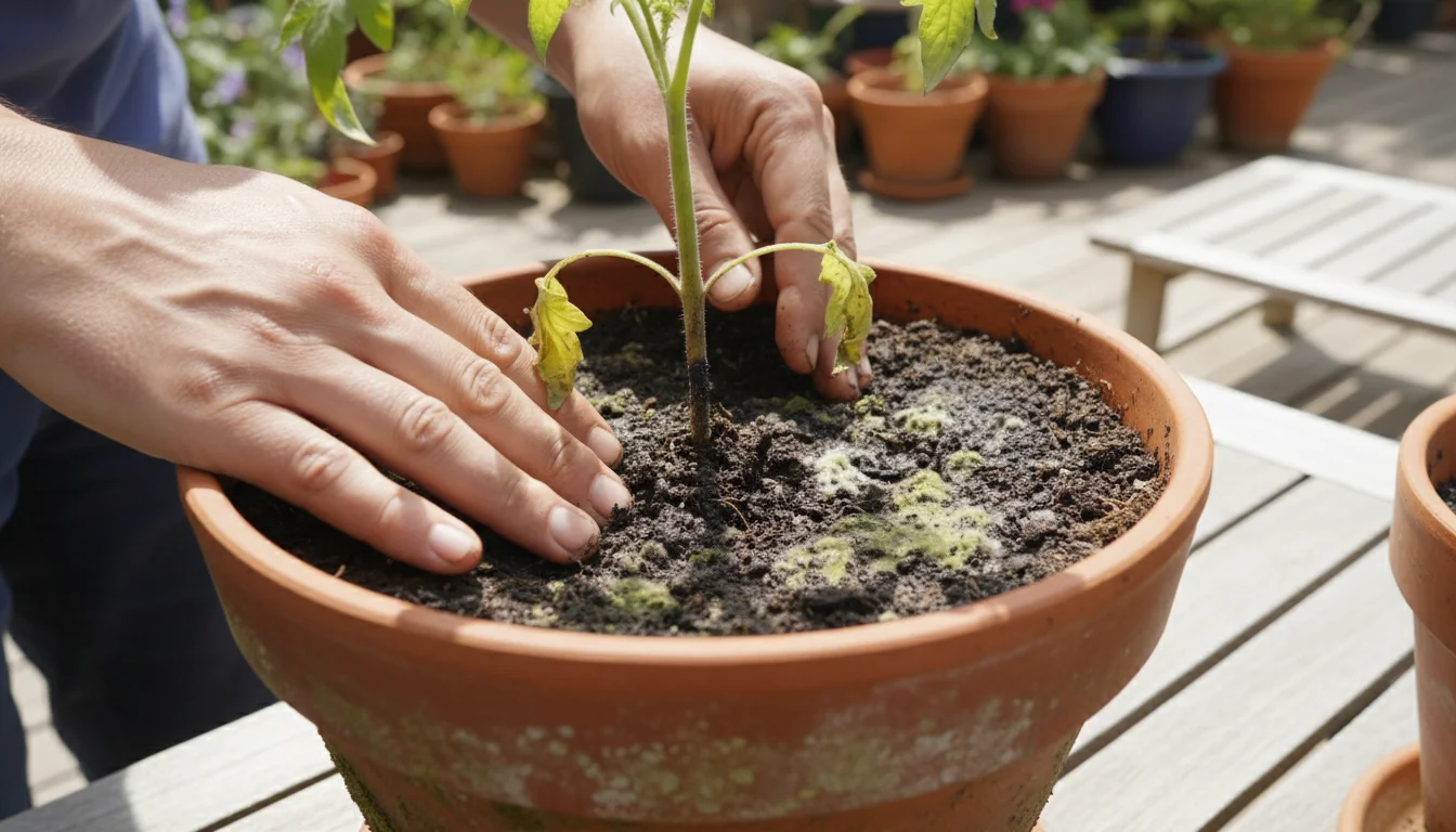 Close-up of hands examining a wilting tomato plant in a pot, showing green algae and white mold on damp soil and a darkened stem base.