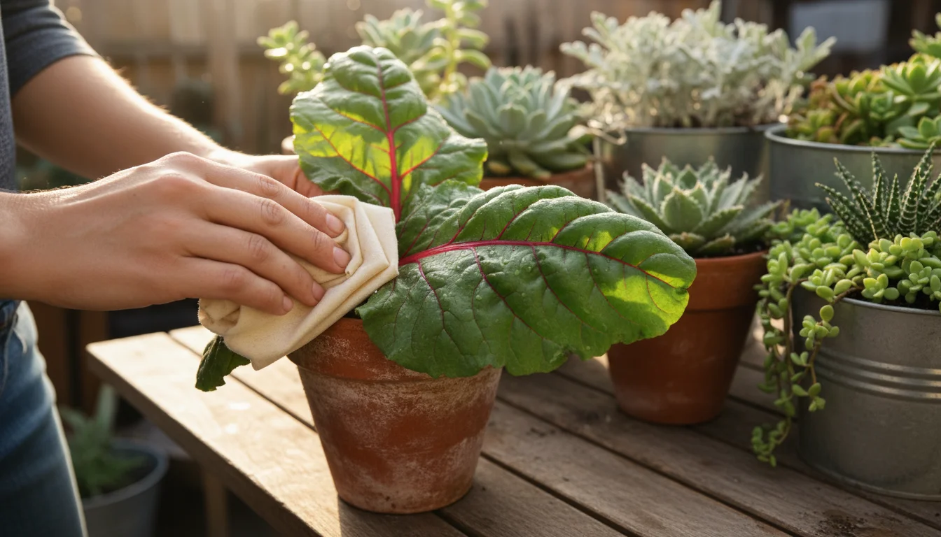 Hands gently wipe dust from a container-grown Swiss chard leaf on a sunny urban patio, embodying low-impact pest management.