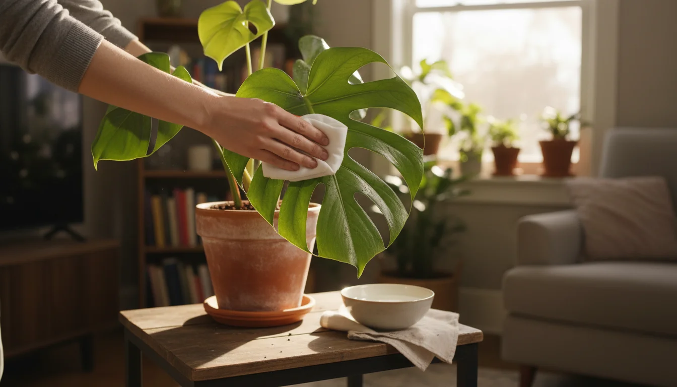 Hands gently wipe dust from a large, green Monstera leaf in a terracotta pot on a table by a sunlit window. A bowl and cloth are nearby.