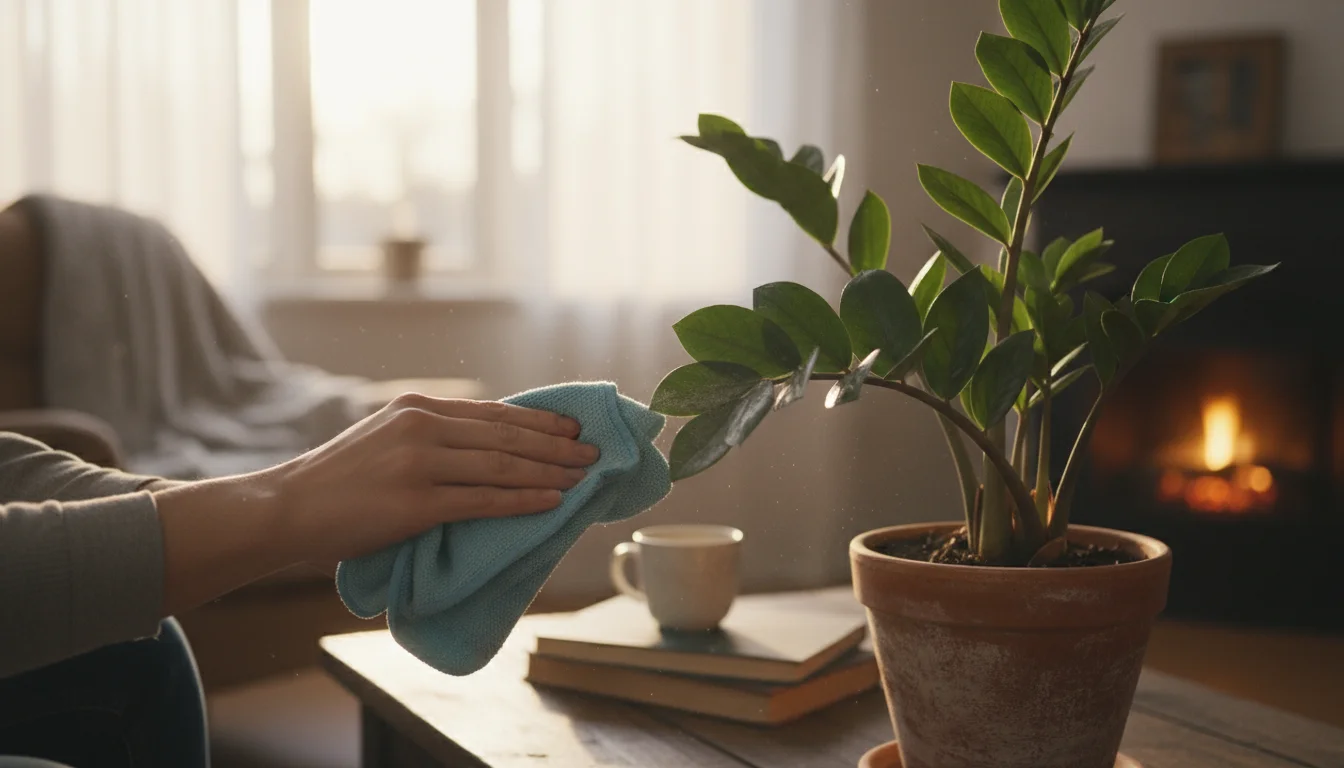 Hands gently wipe dust from a large, leathery leaf of a ZZ plant in a terracotta pot on a cozy winter day.