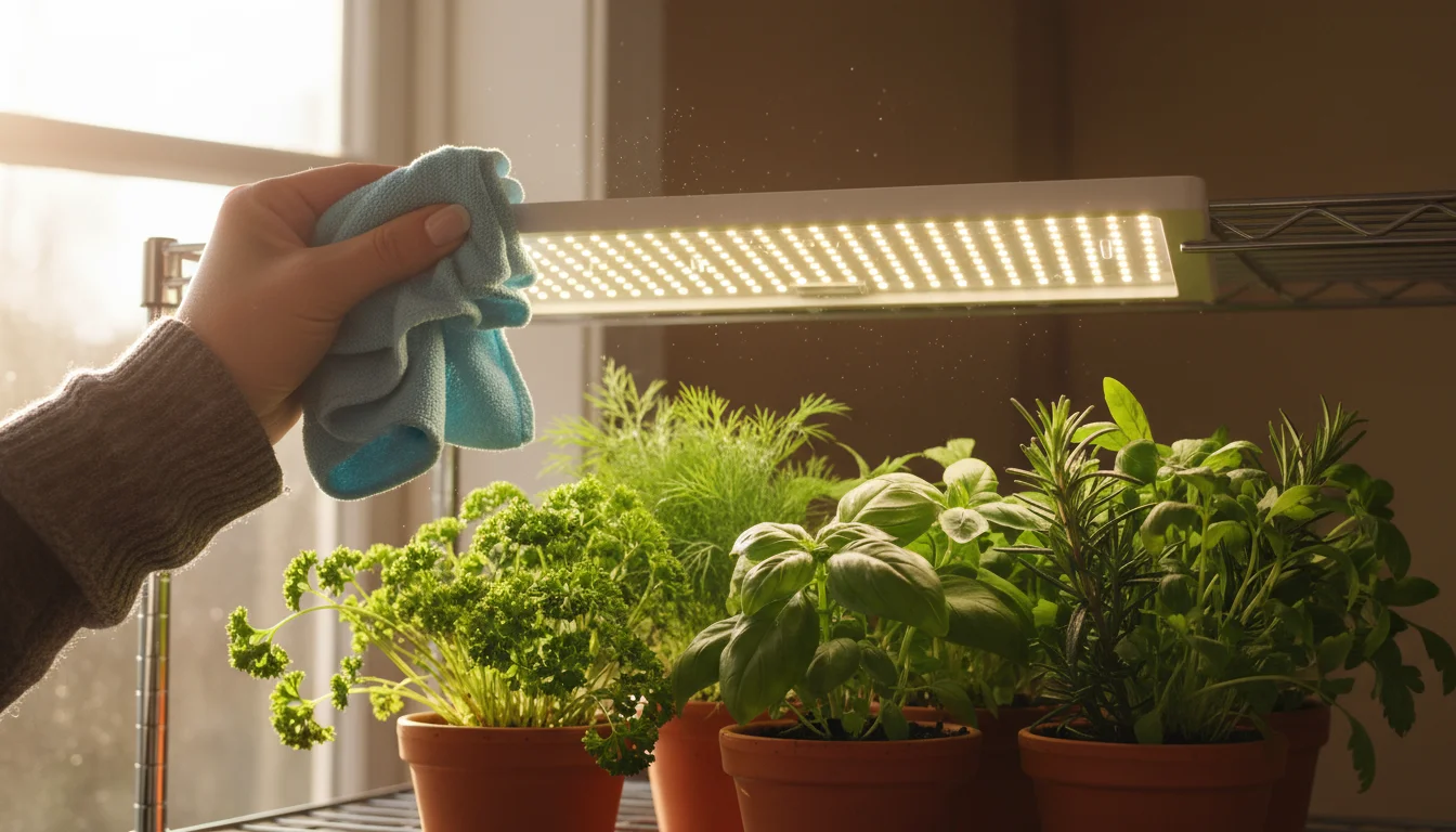 Hands gently wipe dust from an LED grow light panel above potted herbs, in a sunlit small-space garden.