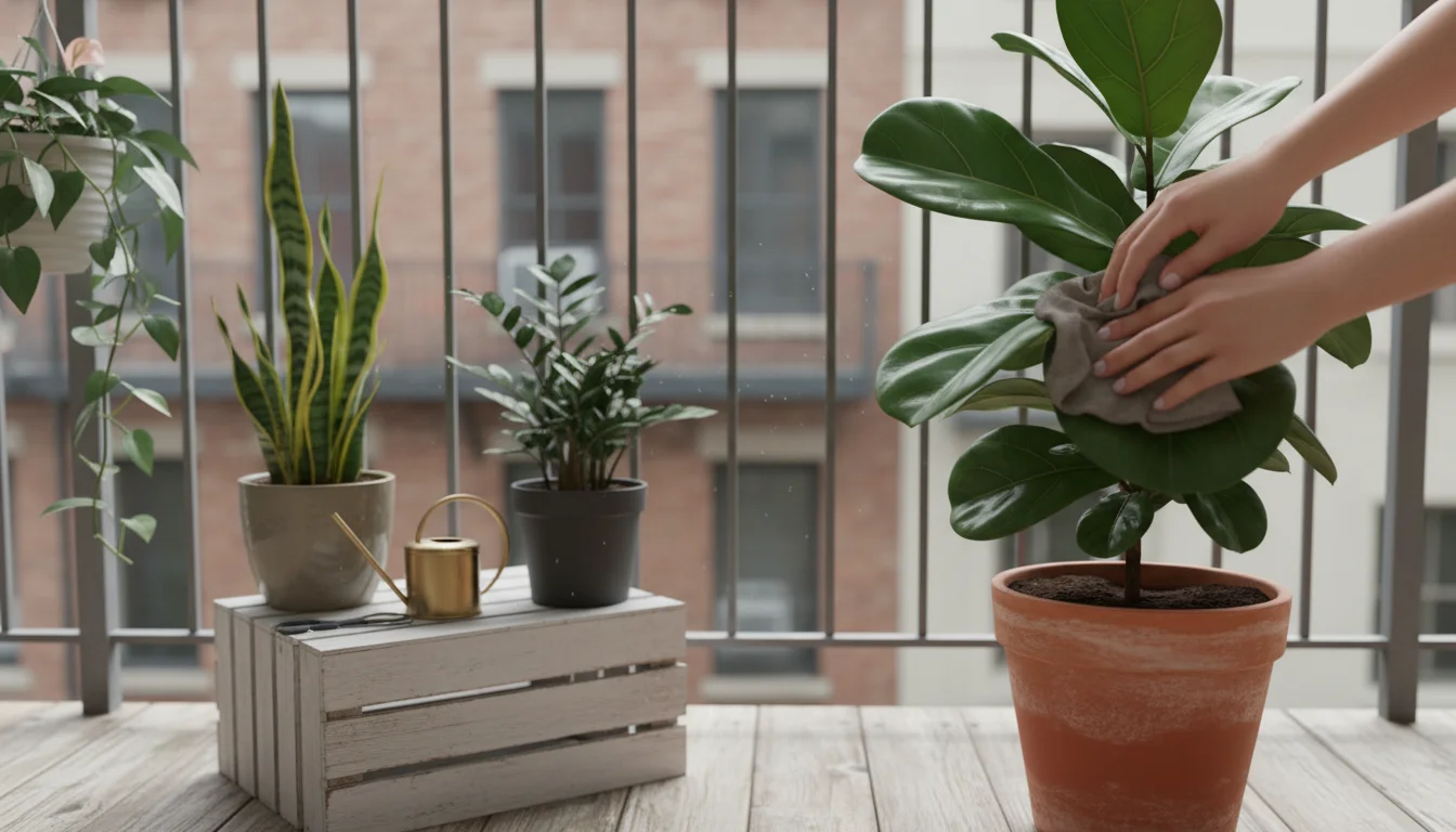 Hands gently wipe a Fiddle Leaf Fig leaf on a small balcony, with other potted plants on a white crate reflecting light.