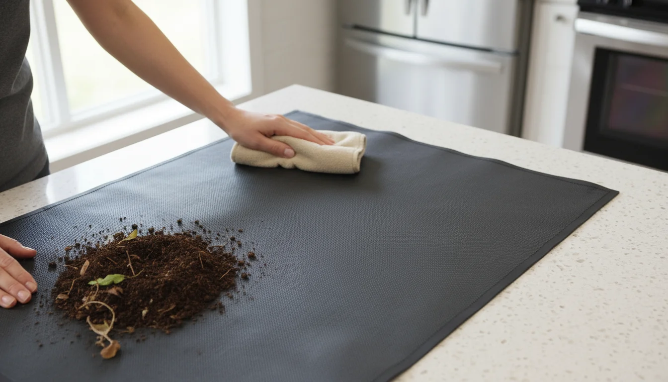 Hands wipe a flexible dark gray plant mat clean on a light counter, with a small pile of potting mix debris on it.