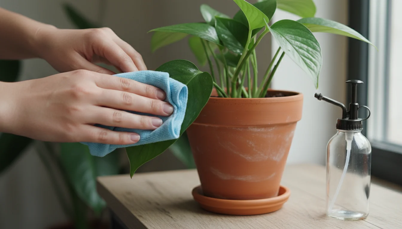 Hands gently wipe a glossy green Pothos leaf with a damp microfiber cloth, next to a spray bottle on a windowsill.