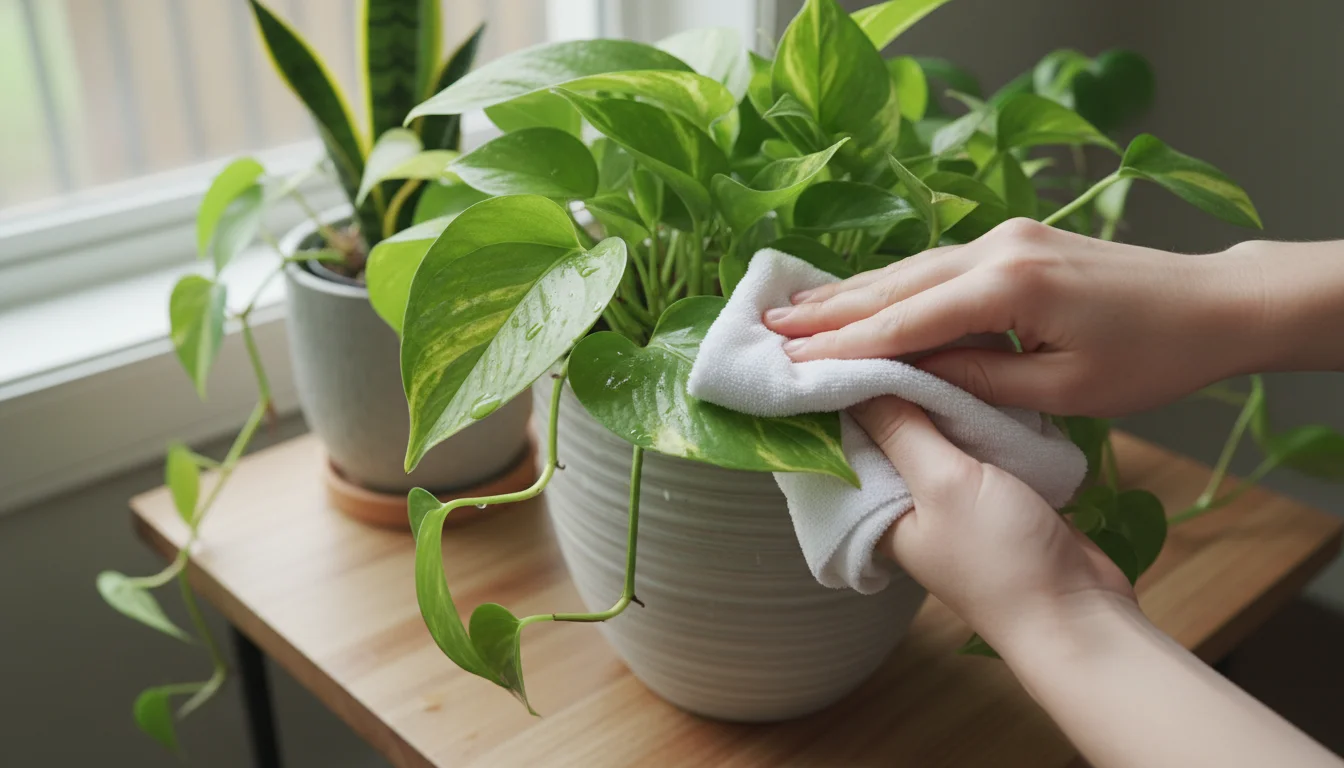 Hands gently wipe a glossy Pothos leaf with a damp cloth in a soft-lit indoor setting, emphasizing routine plant care.