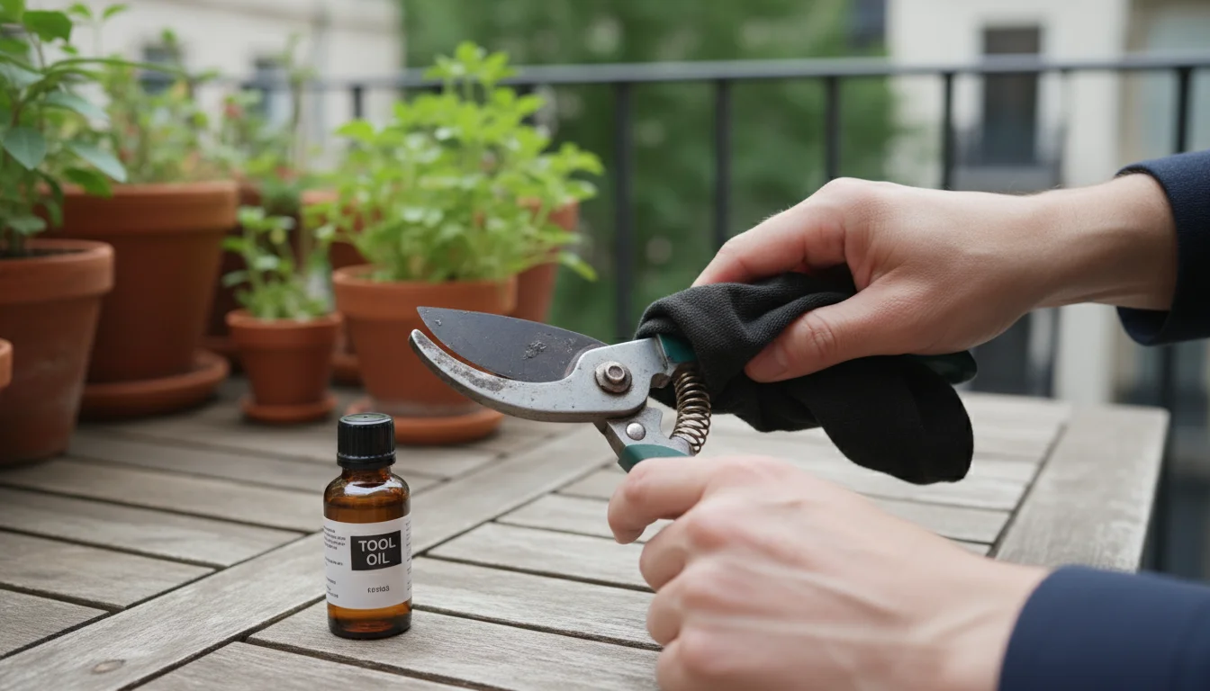 Hands wipe pruning shears clean with an oily rag on a weathered patio table, with container plants blurred in the background.