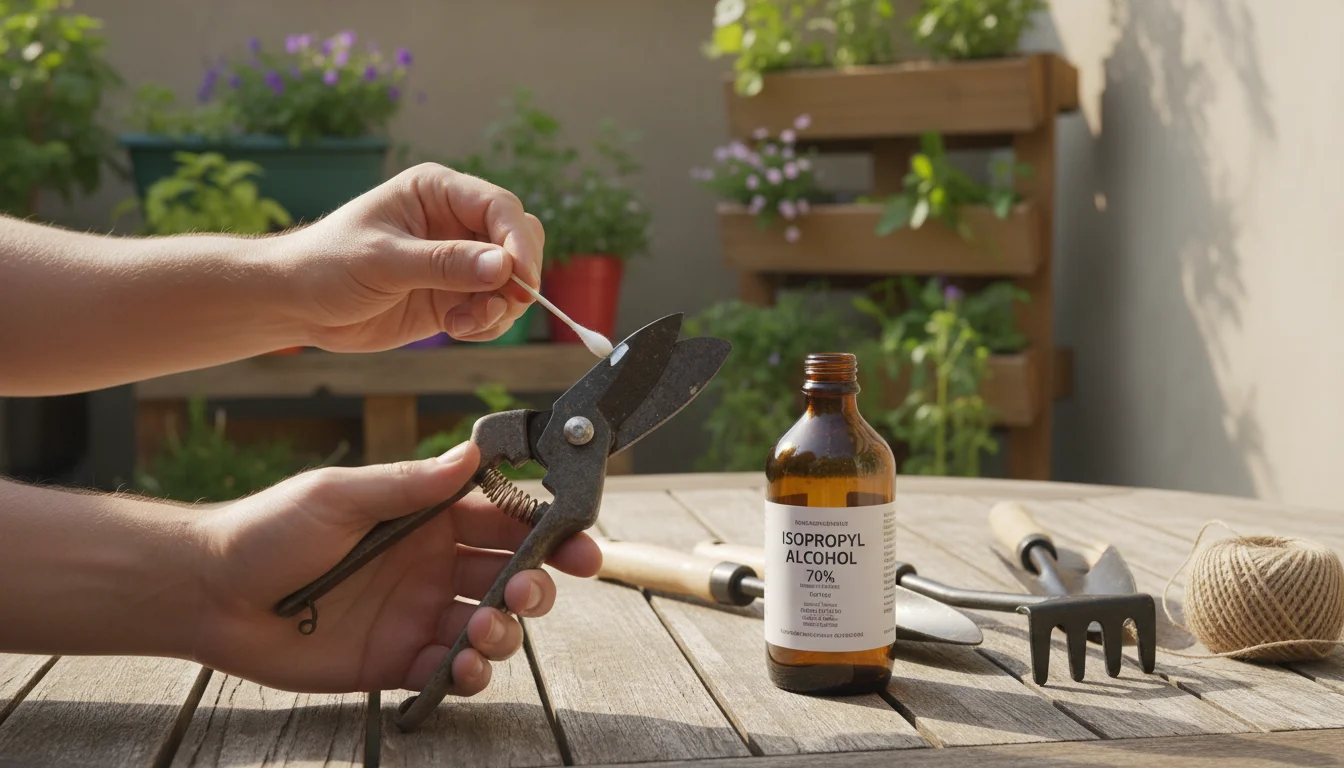 Hands wiping a bypass pruner blade with an alcohol swab on a wooden table with other garden tools.