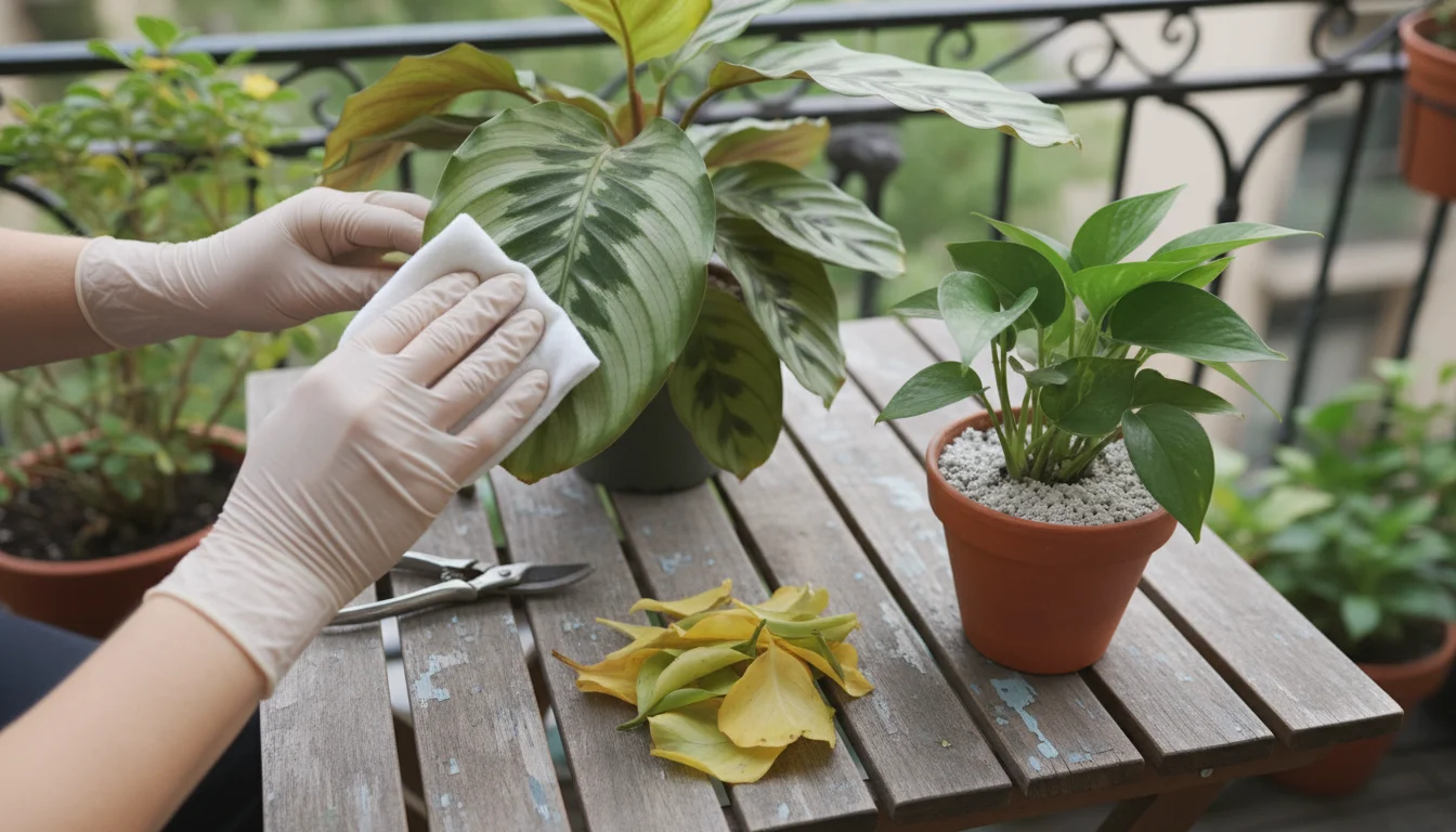 Hands gently wiping a Calathea leaf with a damp cloth on a balcony table, next to pruned yellow leaves and snips.