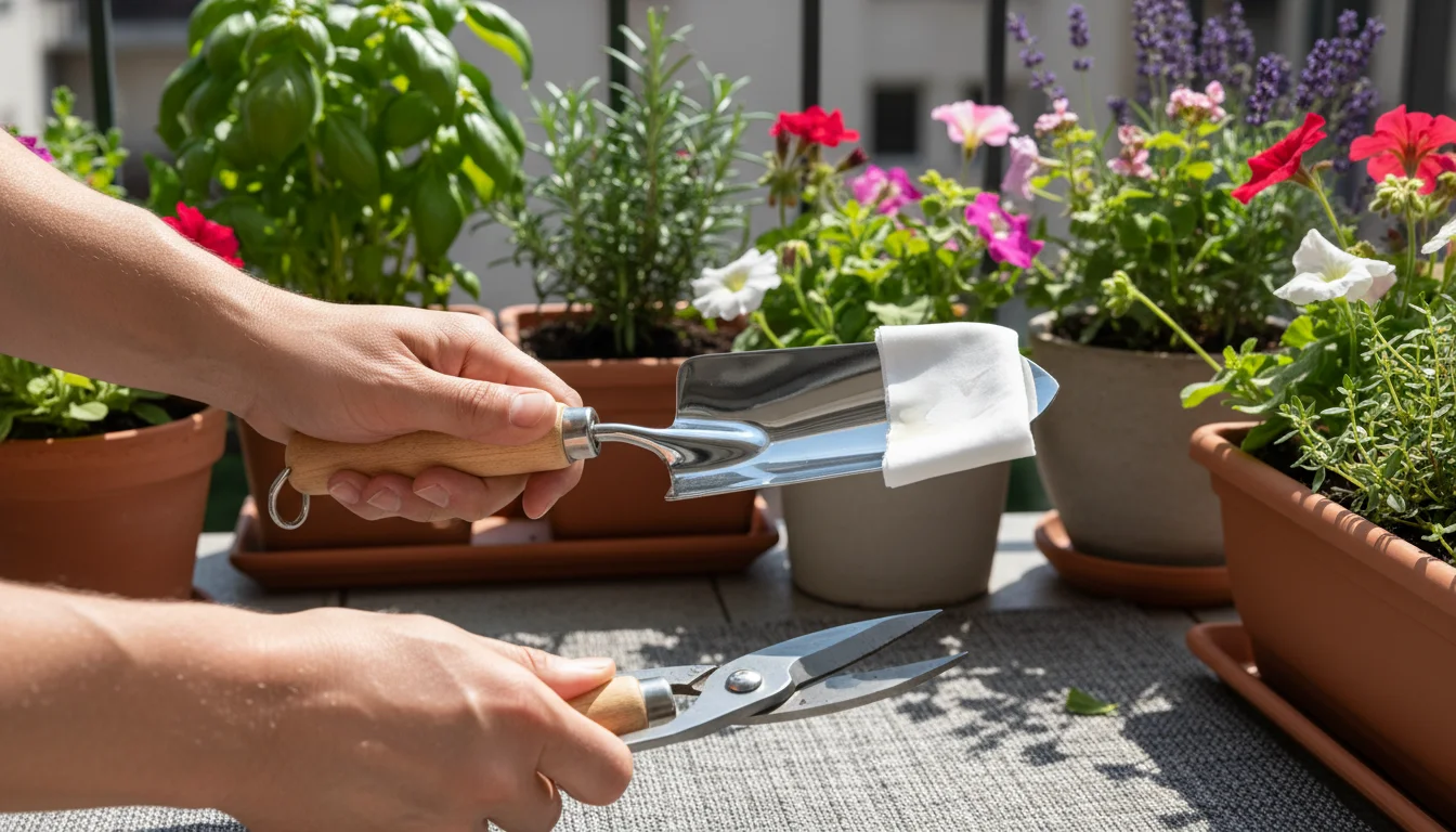 Hands gently wiping clean a hand trowel and snips with an oiled cloth on a balcony mat, surrounded by thriving container plants.