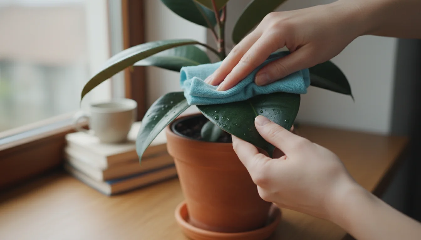 Hands gently wiping dust from a broad green leaf of a Ficus elastica houseplant on a windowsill.