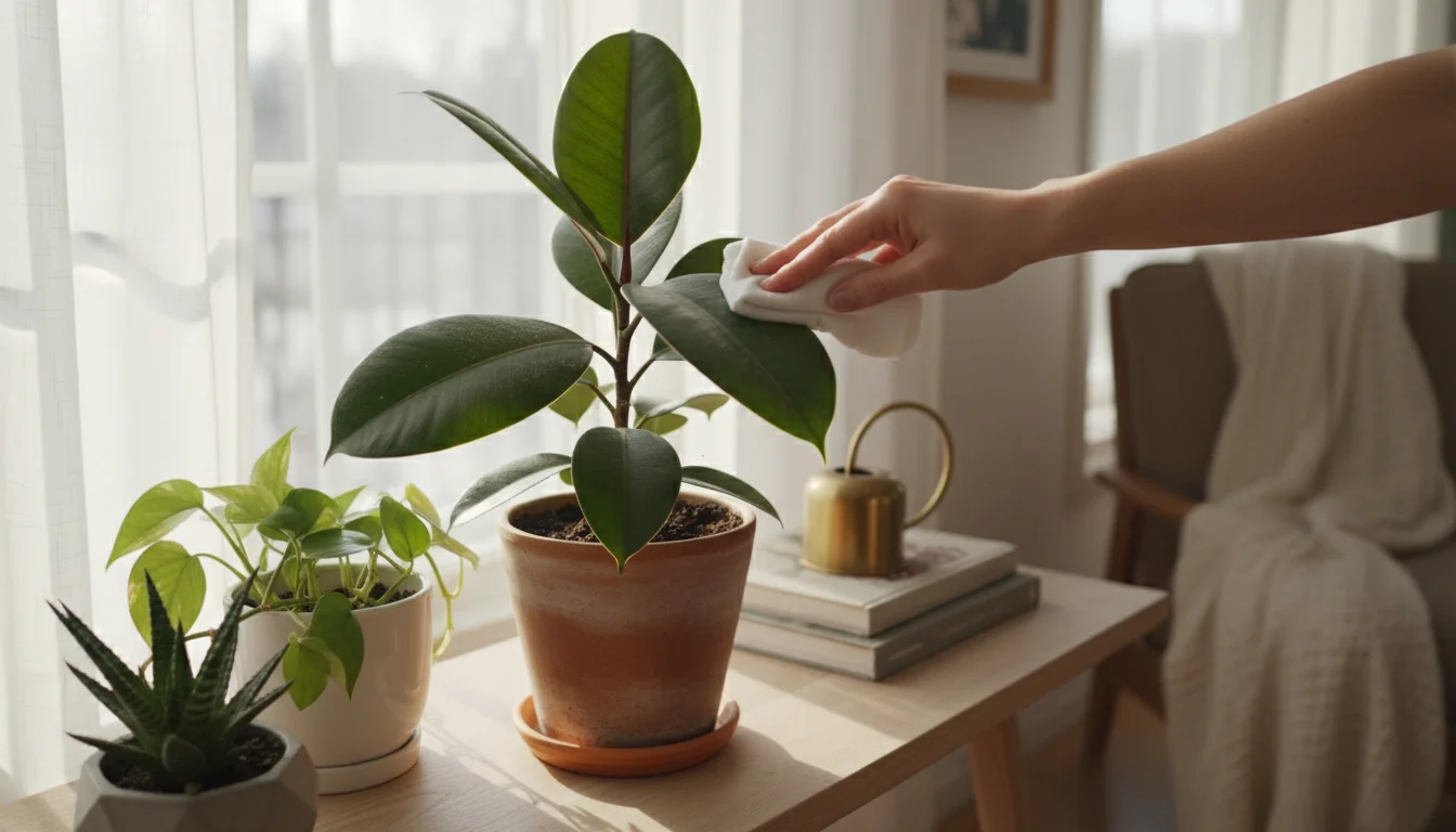 Close-up of hands gently wiping dust from a glossy rubber plant leaf amidst other indoor container plants on a clean console table.