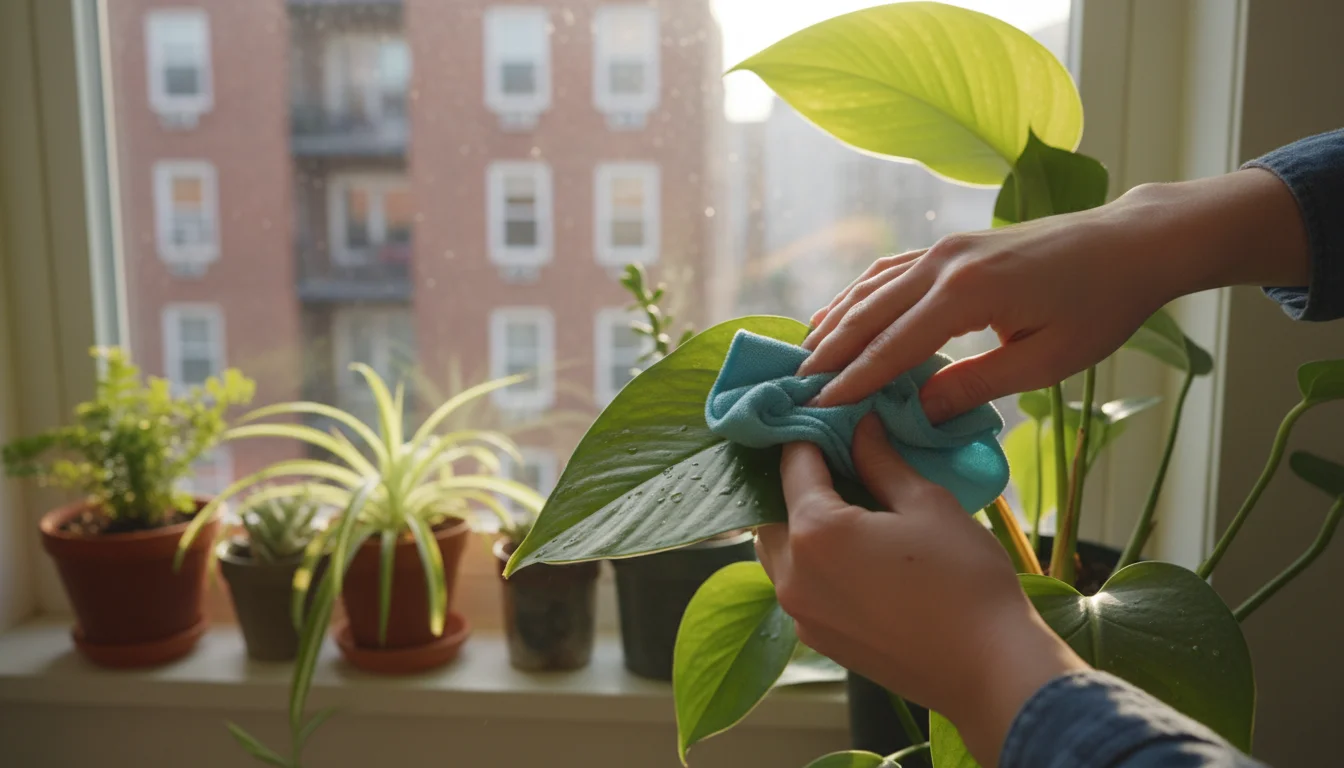 Hands carefully wiping dust from a vibrant green houseplant leaf with a damp cloth near a bright window.