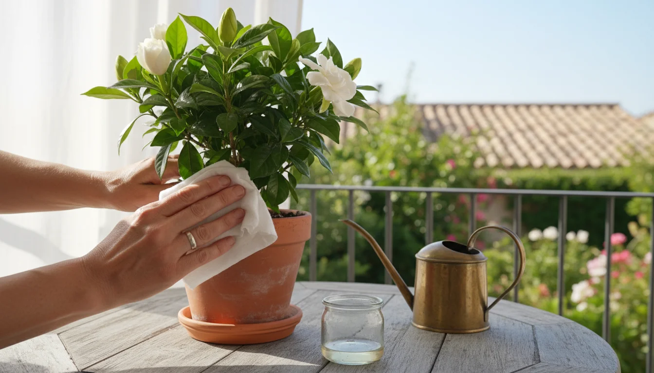 Hands gently wiping a gardenia leaf with a cloth. Nearby are a brass watering can, coconut coir, and a spray bottle on a balcony table.