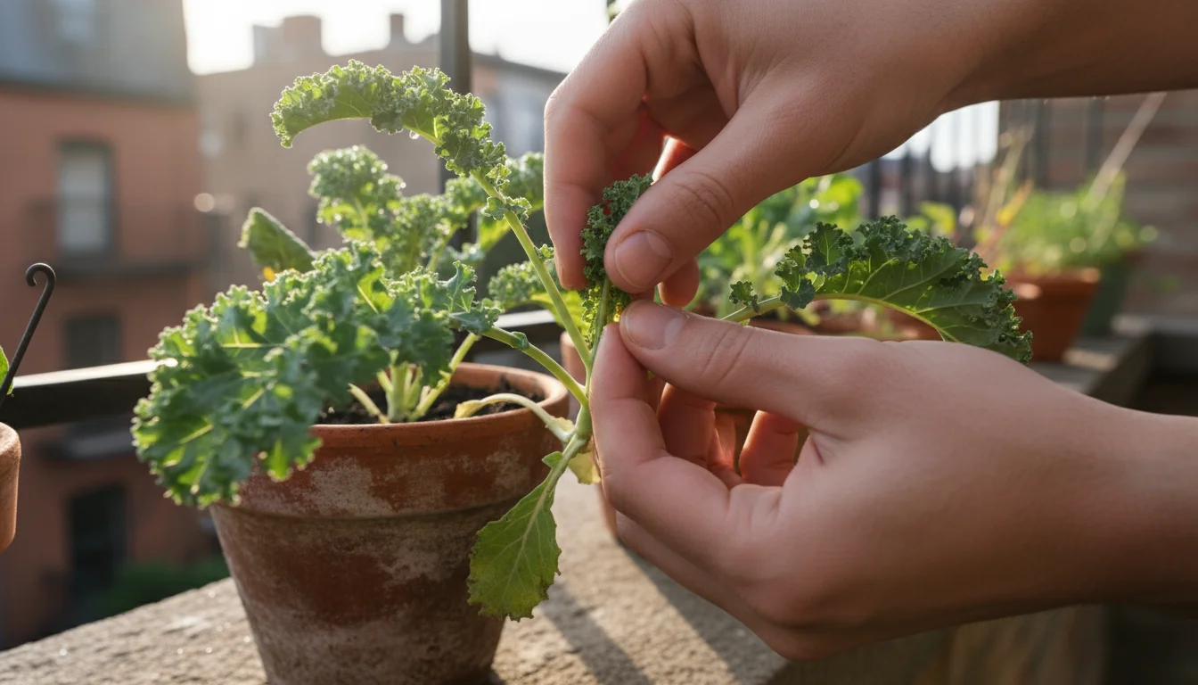 Close-up of hands gently wiping green aphids from a plant stem in a terracotta pot on a balcony, with a spray bottle in the background.
