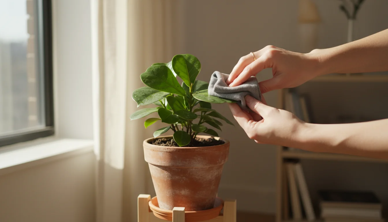 Close-up of hands gently wiping a green leaf of a small potted fig tree with a cloth, an act of regular plant care in an apartment.