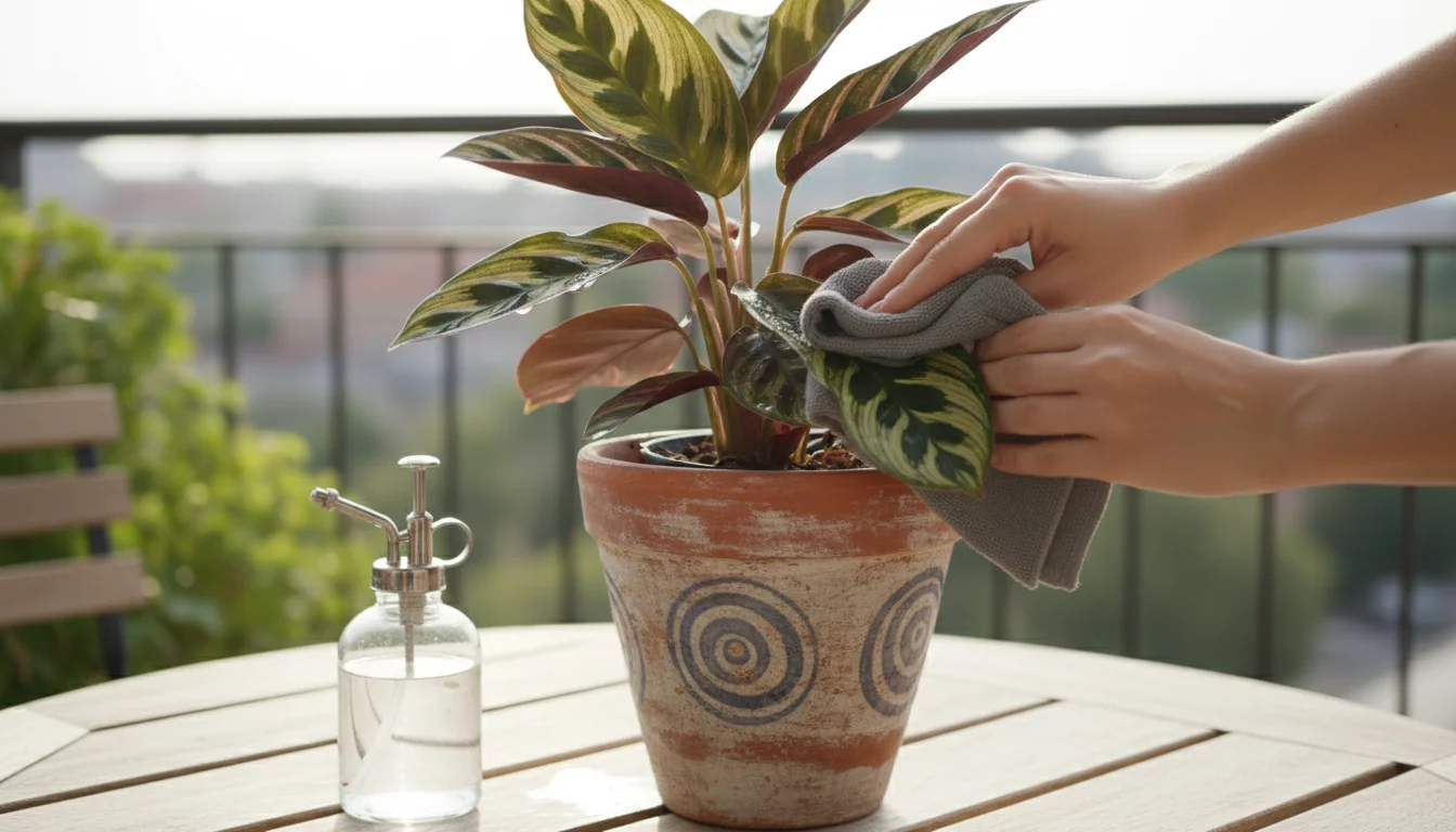 Close-up of hands gently wiping a healthy, variegated rare houseplant leaf in a pot on a balcony, emphasizing preventative care.