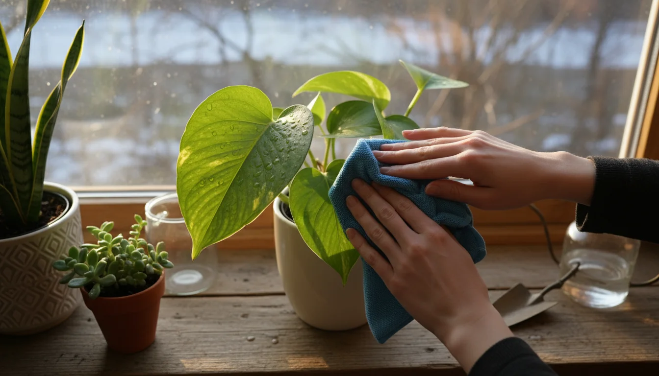 Hands gently wiping a houseplant leaf with a cloth on a sunny windowsill, with a spray bottle and other potted plants.