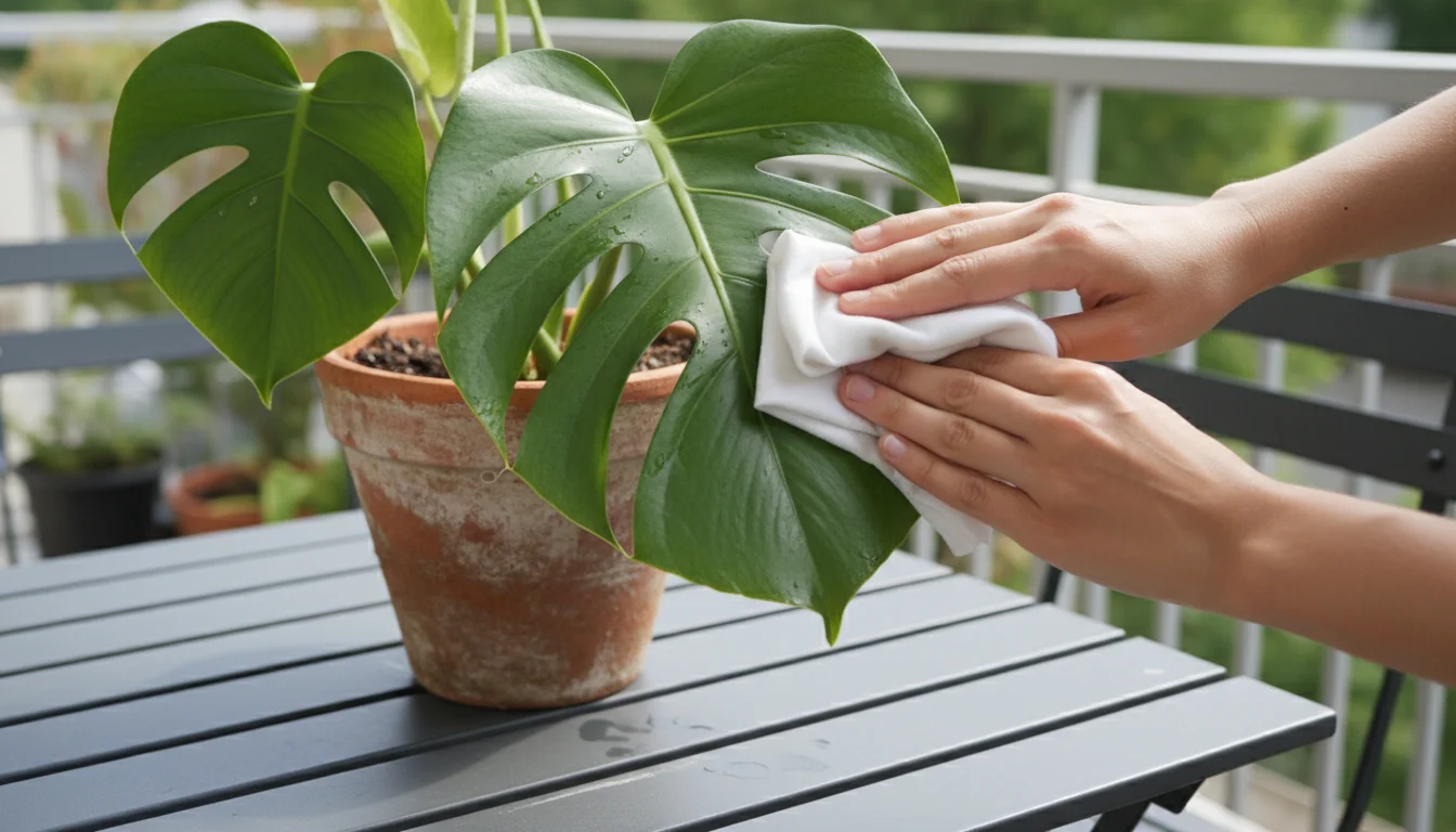 Close-up of hands gently wiping a large houseplant leaf with a cloth, sitting in a terracotta pot on a small wooden stand.