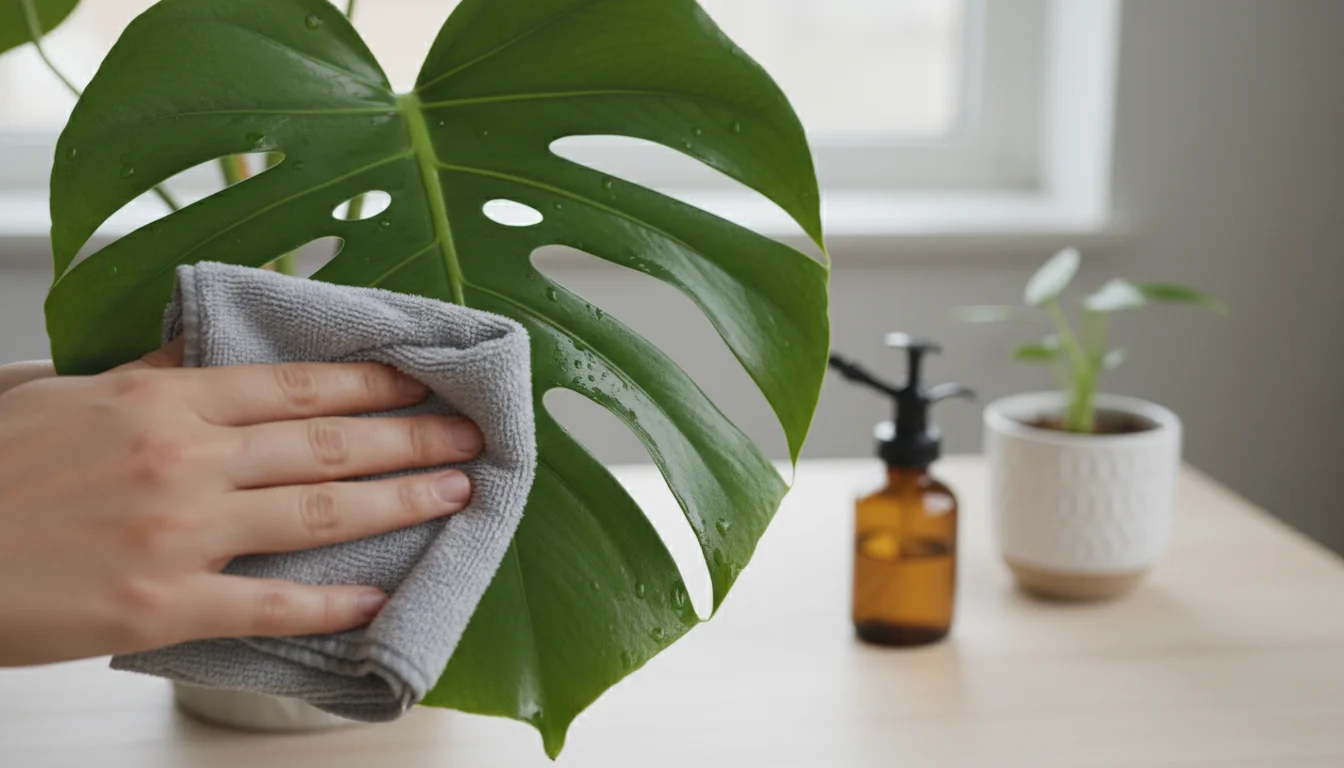 Hands gently wiping a large Monstera leaf with a light grey microfiber cloth; a small amber spray bottle and white ceramic dish sit nearby.