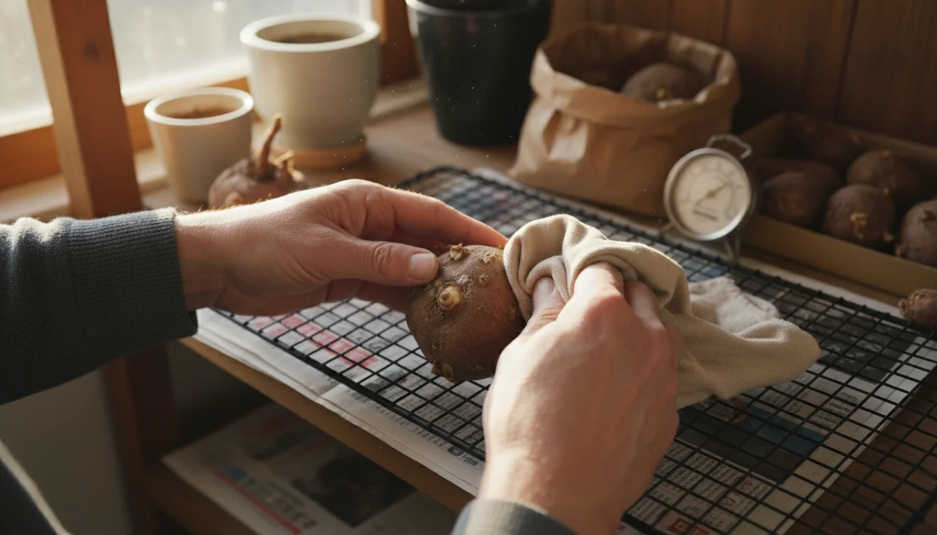 Close-up of hands wiping minor white mold from a dahlia tuber on a wire-mesh storage rack, with other spaced tubers and sulfur powder in the backgroun