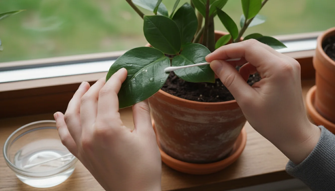 Hands gently wiping the underside of a plant leaf in a terracotta pot with a cotton swab, removing a tiny spot.