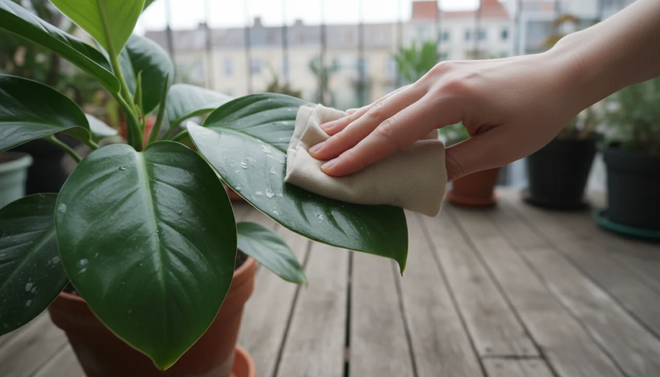 Close-up of hands gently wiping white spots off a glossy green houseplant leaf in a terracotta pot with a soft cloth on a balcony table.