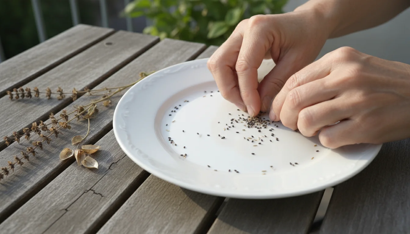 Close-up of hands on a wooden table, sifting small dried herb seeds from a white plate next to empty seed pods.