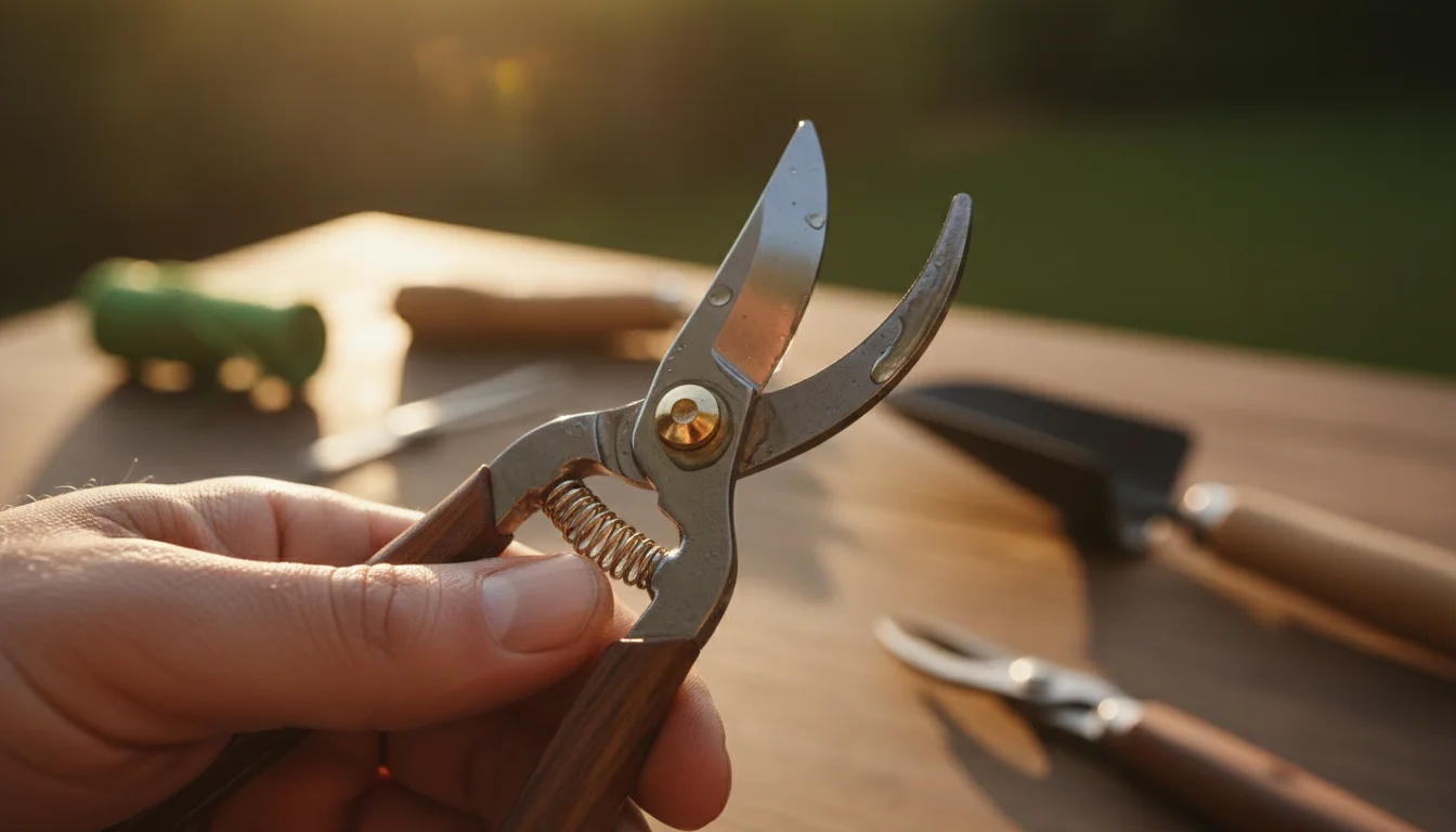 Hands carefully work the freshly oiled blades of a compact bypass pruner, distributing lubricant at the pivot point on a patio table.