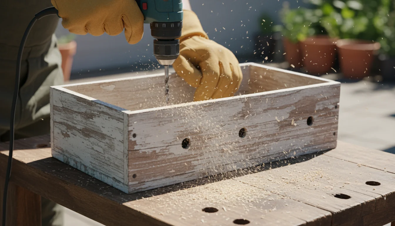 Hands in work gloves drilling 1/2 inch drainage holes into the bottom of a rustic wooden window box on a workbench.