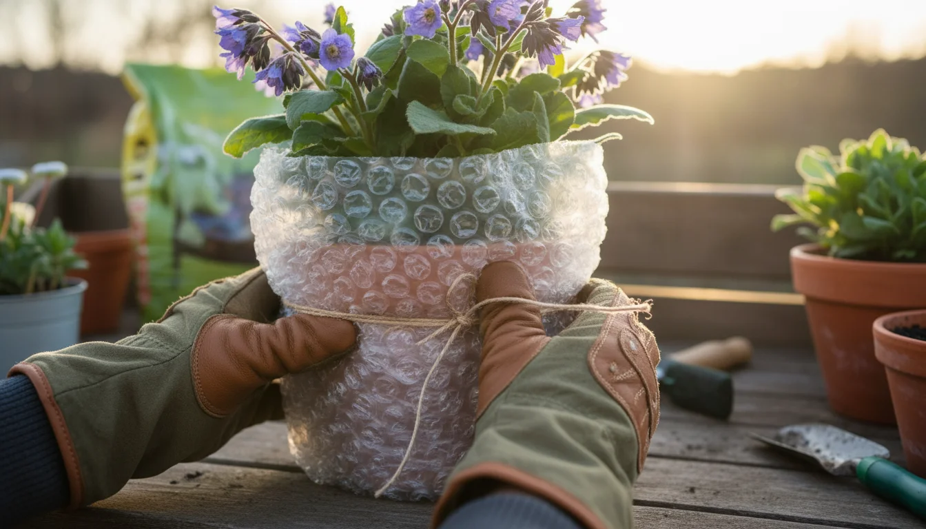 Hands wrap a terracotta pot with large-bubble packing wrap and secure it with twine on a sunny urban balcony.