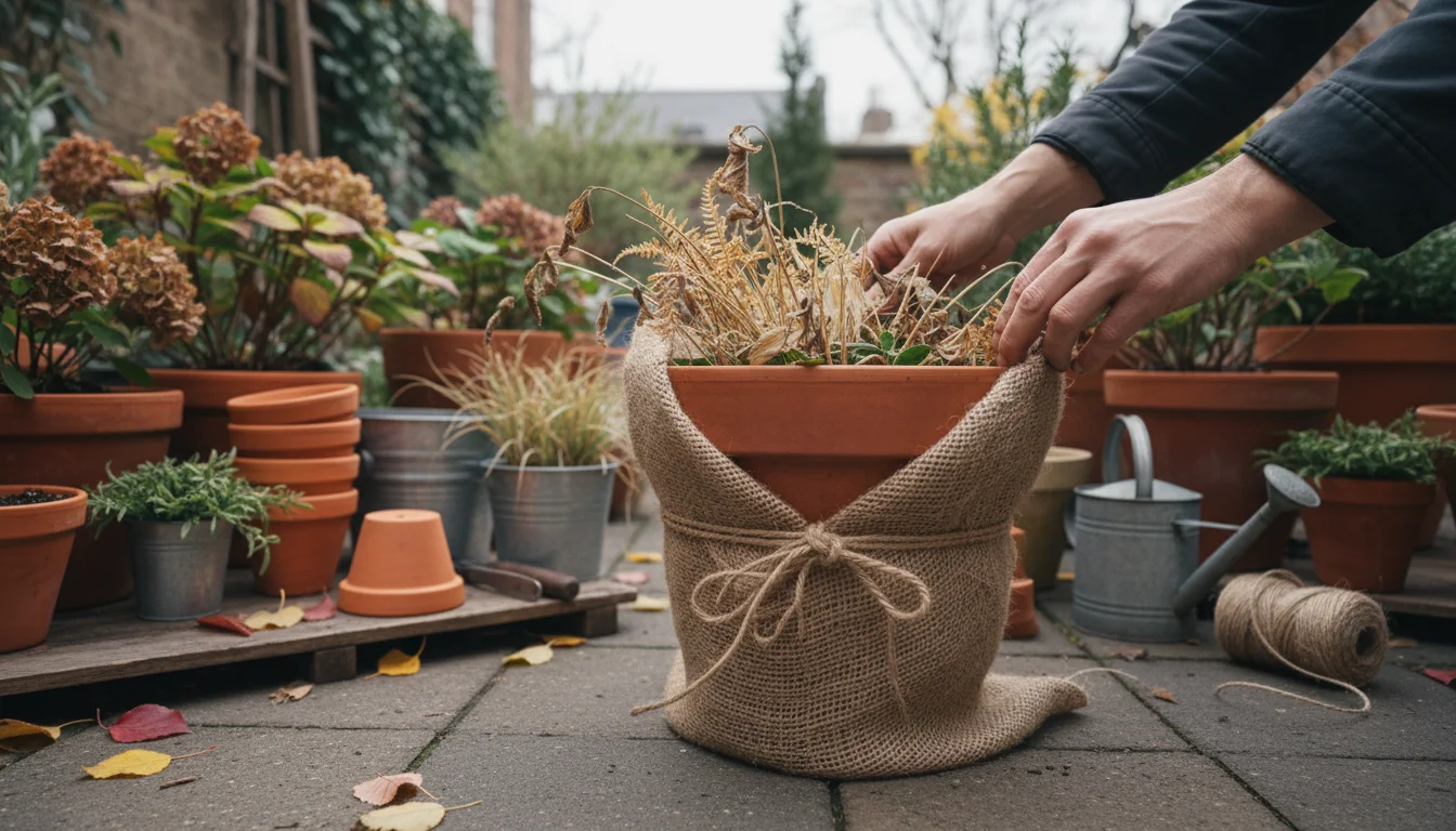 Hands wrapping a terracotta pot containing a dormant plant with burlap on a patio for winter protection.
