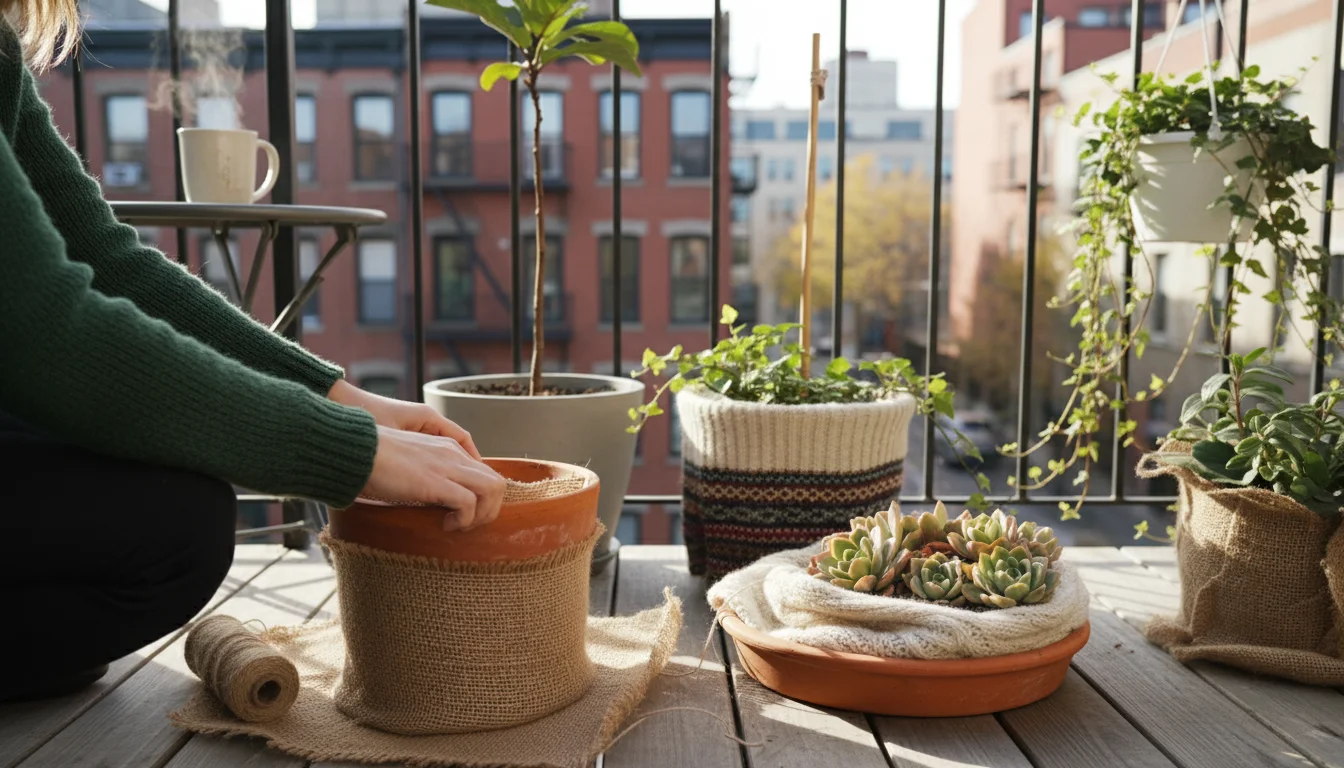 Hands wrapping a terracotta pot with rustic fabric for insulation on a small urban balcony. Other pots are ready for winter.