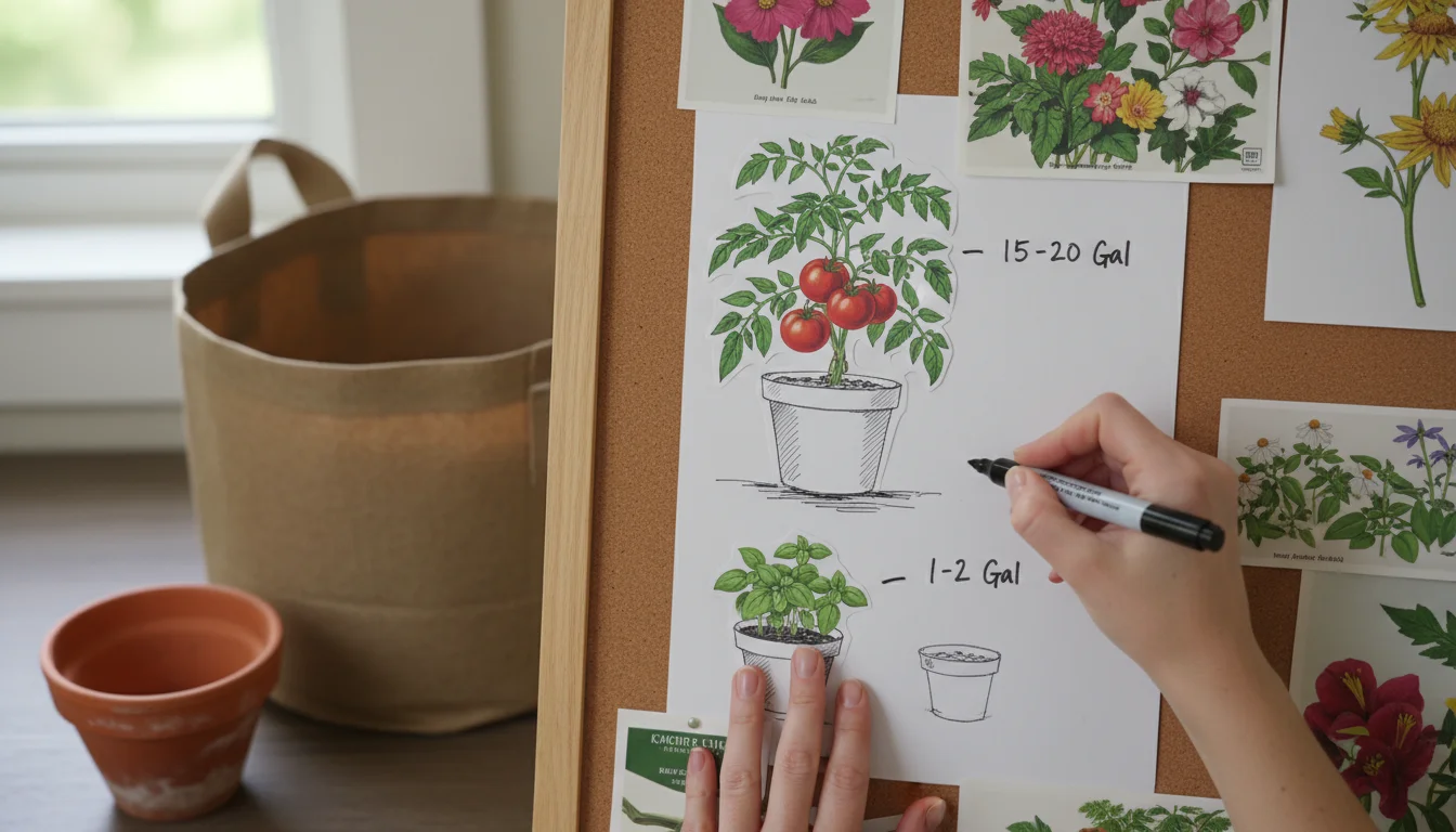 Hands writing container sizes next to plant images on a gardening dream board.