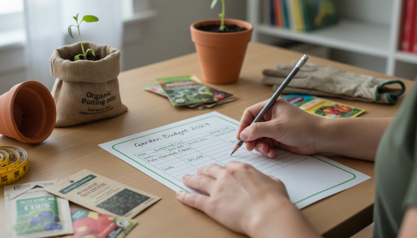 Close-up of hands writing on a garden budget worksheet next to empty small pots, a folded fabric grow bag, and an open garden catalog on a light woode