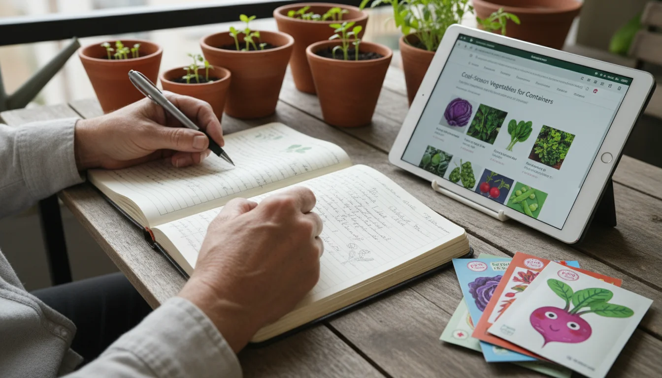 Close-up of hands writing in a garden journal next to a tablet researching plants and a stack of colorful seed packets on a wooden table.