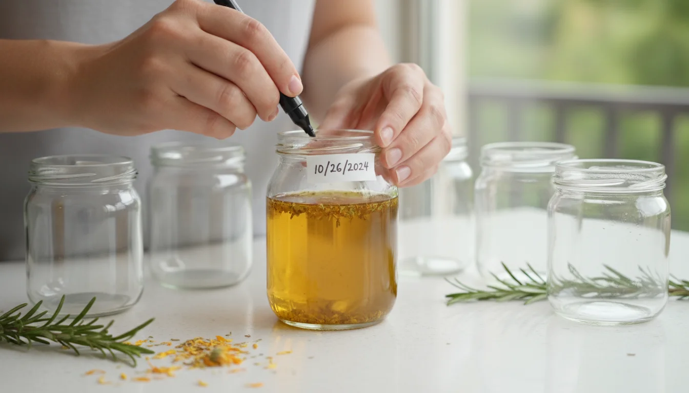 Hands writing a label for a small glass jar of golden infused herb oil, surrounded by other labeled jars and dry herbs on a clean surface.