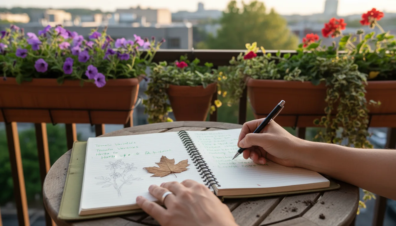 Hands writing in an open, spiral-bound garden journal on a small balcony table surrounded by container plants.