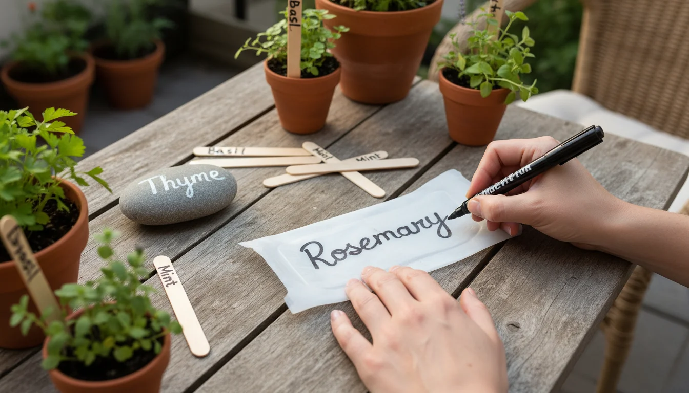 Hands writing on a repurposed plastic label, with DIY stone and stick labels nestled among small potted herbs on a wooden table.
