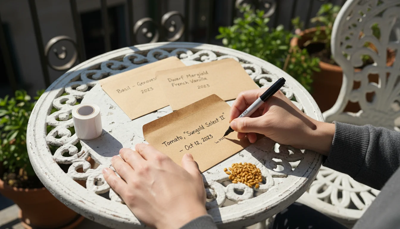 Close-up of hands writing 'Tomato, 'Sungold Select II' - Oct 12, 2023' on a seed envelope on a balcony table, with other labeled seeds.