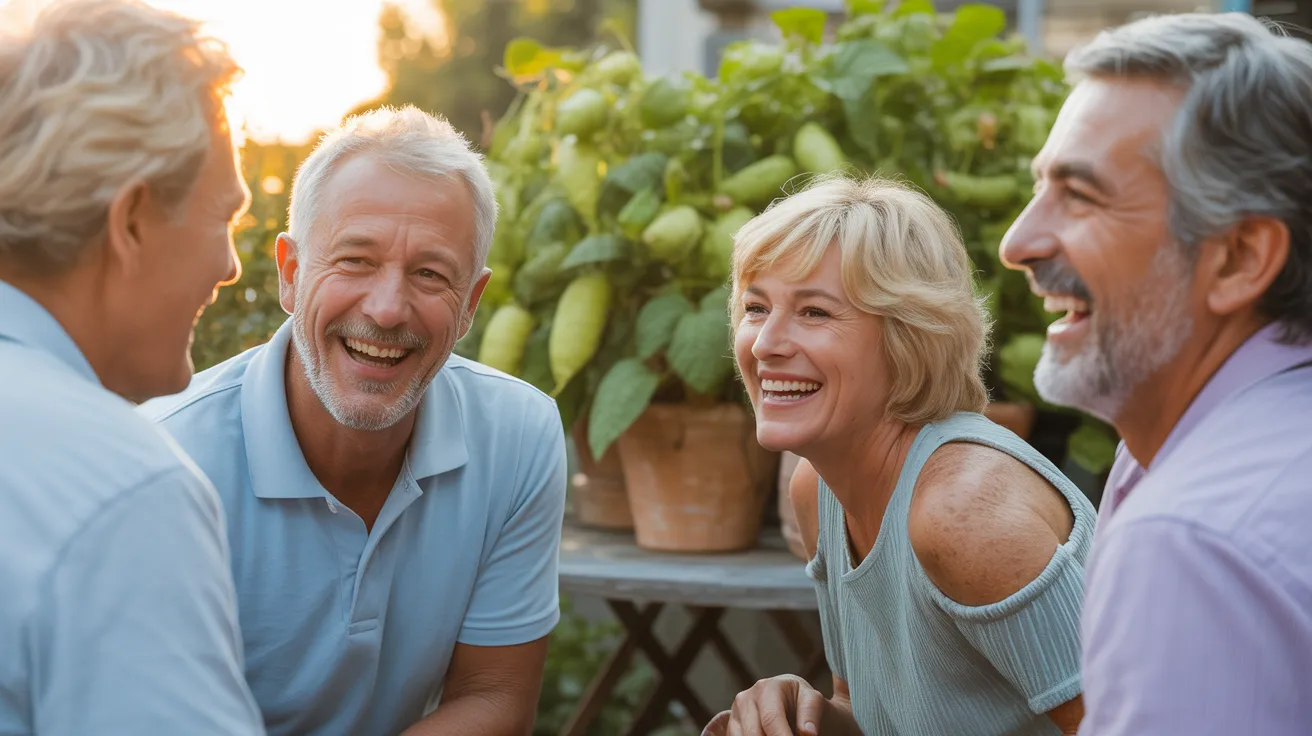 Close up of diverse older friends laughing on a patio, container gardens with leafy greens and bush beans visible in the background.