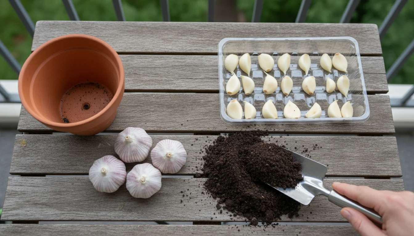 Overhead shot of hardneck and softneck garlic cloves arranged on a balcony table with small pots, a hand poised for planting.